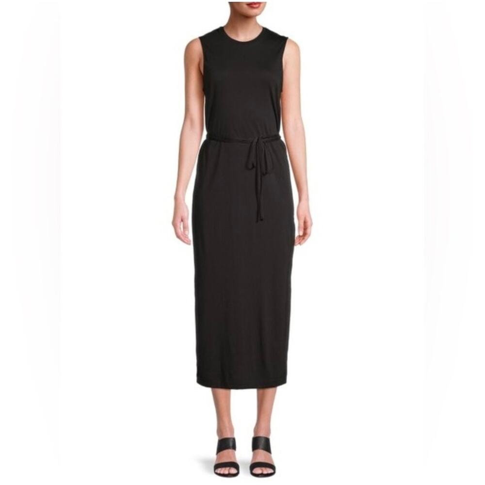 Minimalist Relaxed Sleeveless Tie Waist Midi Tank Dress M Black Clean Vince